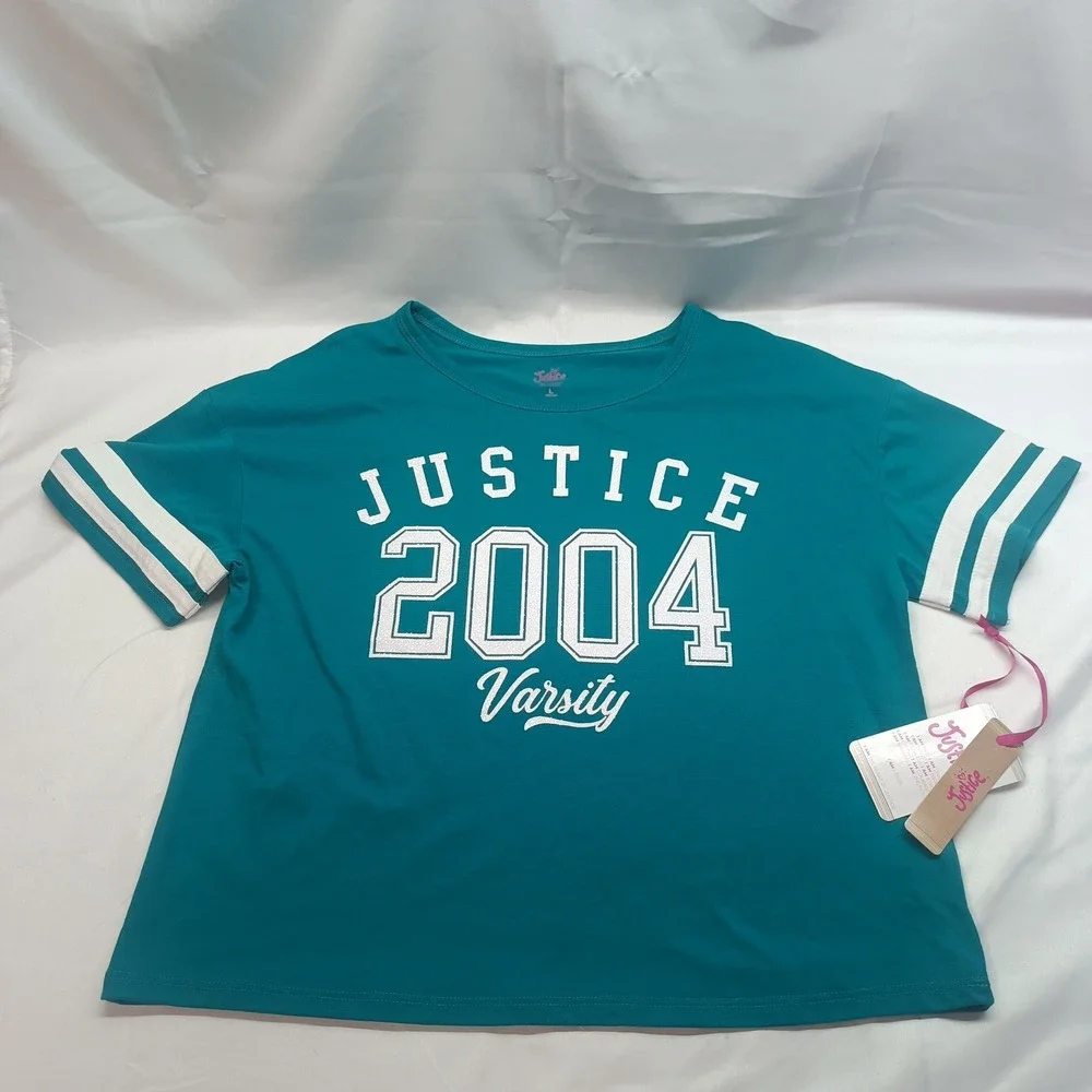 Justice Girls Varsity 2004 Graphic T-Shirt Teal Green Short Sleeve Size L 12/14